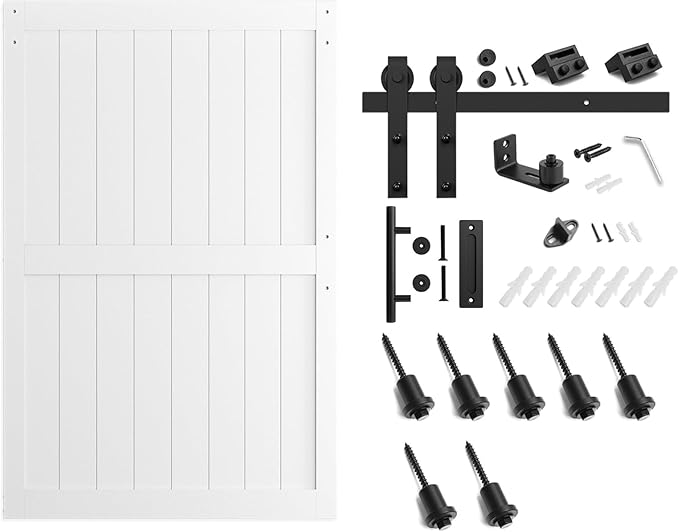 SmartStandard 54 x 84 inch White Sliding MDF Barn Door with 9FT Black Sliding Door Hardware Kit & Handle, Pre-Drilled Ready to Assemble, Waterproof PVC Coating, H-Frame