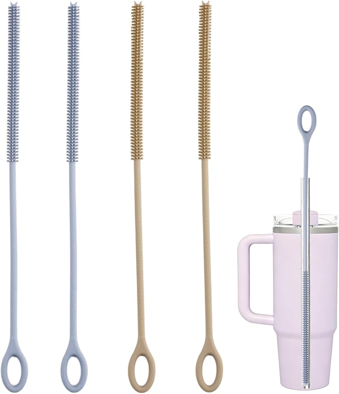 4Pcs Reusable Silicone Straw Cleaner Brush Extra Long, Soft Bendable, Non-Slip Handle for Glass Metal Smoothie Straws (Blue&Brown)