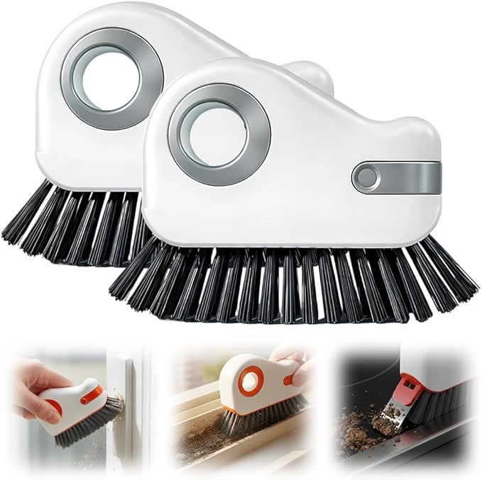 Window Groove Cleaning Brush,2026 Upgrade 2 in 1 Multifunction Hard Bristle Cleaning Brush with Hidden Scraper for Sliding Door Track, Window Sill, Window Seal (Grey 2PCS)