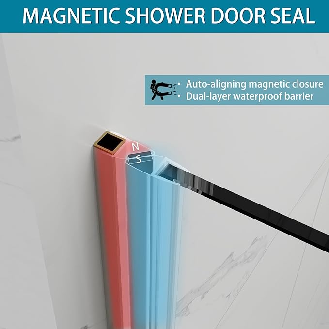 Hinged Shower Door, 32" W x 76" H Single Swing Pivot Framelss Shower Door, 3/8" (10mm) Tempered Glass with Nano Coating, Stainless Handle, Glass Door for Walk-in Shower - Brushed Gold