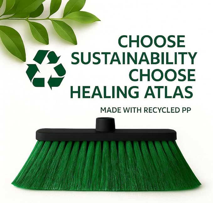 LUZIA Green 14" Premium Broom Head – Long Flagged Bristles – Gentle Deep Sweep – Universal 7/8" Thread – Recycled PP – Handle Not Included (Green, LUZIA)