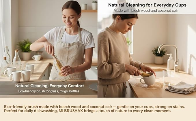Bottle Brush Cleaner,Long Beech Wood Handle Non-Scratch,L-Shape for Cleaning Coffee Cups,Mason,Thermos,Glass Bottle,Beer Bottles,Wine Bottles,Baby Bottle-Natural Brown