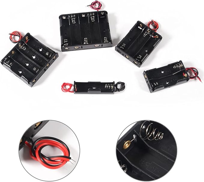 8 PCS AA Battery Holder Bundle with Wire 2A Battery Holder Case 1.5V, 1/2/3/4 x 1.5V Series DIY Battery Storage Boxes, 1/2/3/4 Slots Black Plastic Batteries Case for AA Battery