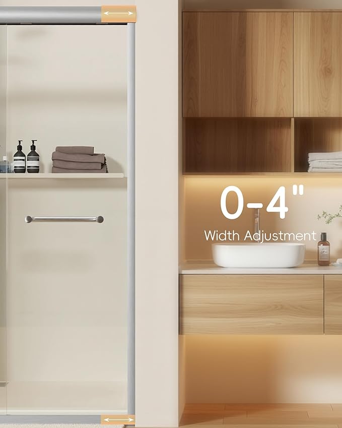 Shower Door 44-48'' W x 72'' H Semi-Frameless & Double Sliding, 1/4 inch (6mm) Thickness Clear Tempered Glass for Walk-in Shower, Brushed Nickel