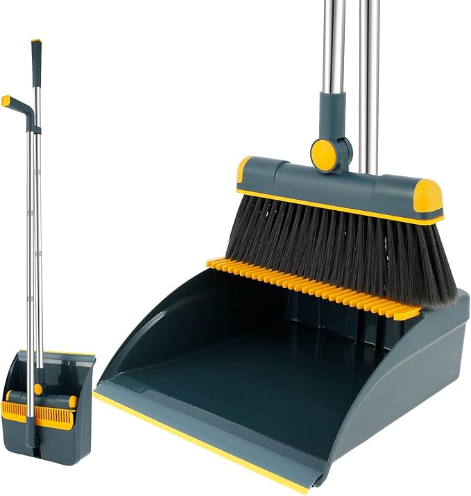 Broom and Dustpan Set for Home, 180° Rotating Broom Combo, Foldable Standing Dustpan and Brush, Long Handle Broom and Dustpan Combo Set with Scraper Teeth for Cleaning Room Office Lobby Floor (B)