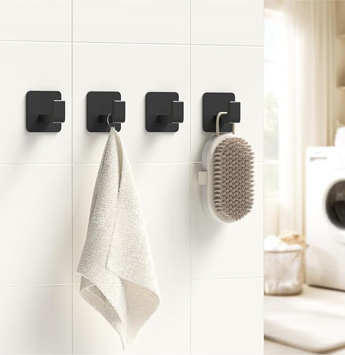 Square Self Adhesive Towel Hooks - 4 Pack Matte Black Metal Hooks, Right-Angle Design for Towels, Robes & Hats, Organize Bathroom, Kitchen, Entryway, Doors, Cabinets on Smooth Surfaces | Square, Right-Angle Design, for Towels, Robes & Hats, Organize Ba...