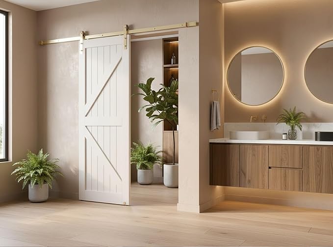 Rio Salto Brushed Brass Gold Barn Door Hardware Kit – 72" (6 Ft) Track System for Single Door – Heavy Duty Rail with Rollers, 12" Handle & Floor Guide (Door Not Included)