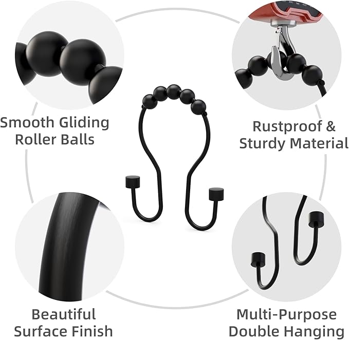 Shower Curtain Hooks, Shower Curtain Rings Rust Proof Double Hook Shower Curtain Hooks with Clindrical Design, 12 Pcs Black Shower Hooks for Shower Curtain, Metal Shower Rod Hooks