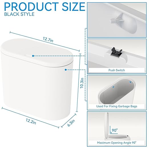 White 12 Liter Rectangular Plastic Small Garbage Can With Lid,2 Pack 3.17 Gallon Slim Bathroom Trash Can with Lid and Dog Proof Garbage Can and Wastebasket,Lidded Trashcan for Bedroom,Rv,Dorm,Office