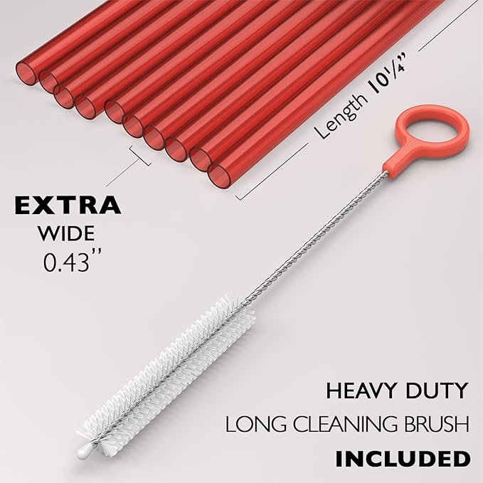 10 EXTRA WIDE Long Reusable Hard Plastic Drinking Straws + Cleaning Brush - Fat Thick Large Jumbo Straws for Smoothies and Milkshakes - Red - Dishwasher Safe BPA Free