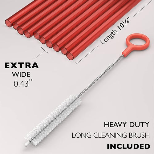 10 EXTRA WIDE Long Reusable Hard Plastic Drinking Straws + Cleaning Brush - Fat Thick Large Jumbo Straws for Smoothies and Milkshakes - Red - Dishwasher Safe BPA Free
