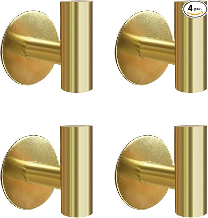 Adhesive Towel Hooks, Brushed Gold SUS 304 Stainless Steel, Coat Robe Sticky Hooks for Bathroom Wall Stick On (Brushed Gold, 4 Pcs)