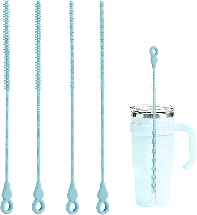 Silicone Straw Cleaner Brush, 4-Piece Reusable Straw Brush Set with Extra-Long Design for Cleaning Thin Metal Straws and Wider Milkshake Straws （6mm+9mm Blue)