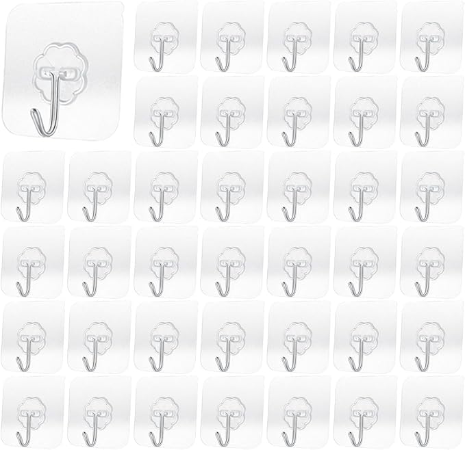 Heavy Duty Adhesive Hooks 33 lb(Max) 15KG,Waterproof and Oilproof Reusable Seamless Hooks Heavy Duty Wall Hook for Kitchen Bathroom Office (Transparent Small 40 pcs)