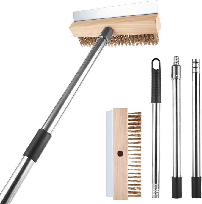 1 Pcs Adjustable Pizza Oven Brush with Scraper, Brass Bristles Pizza Stone Brush with Detachable Handle, Pizza Oven Accessories for Cleaning Pizza Oven