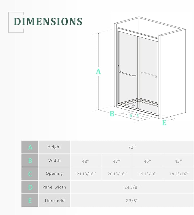 Chrome 44"-48" W x 72" H Semi-Frameless Glass Shower Door,Bathroom Sliding Door with 1/4'' Clear Tempered Glass,Plating Silver Stainless Steel Hardware Double Handles Bypass Doors