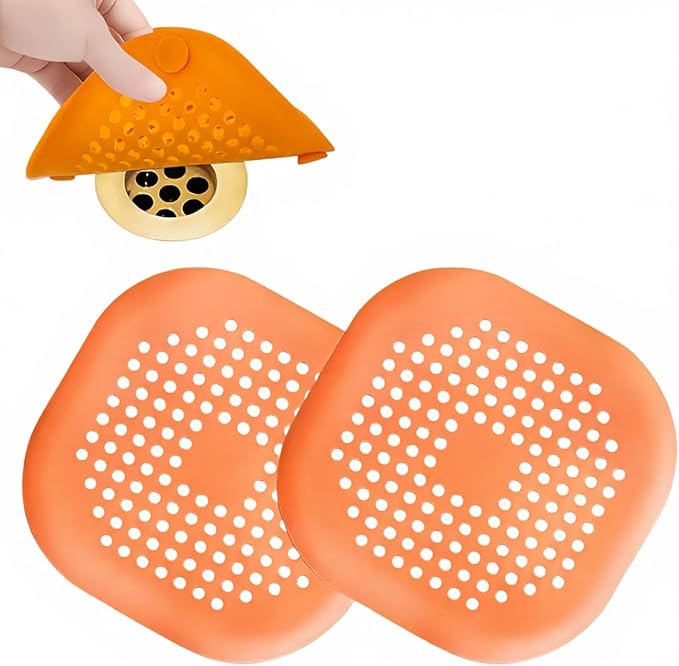 2-piece Silicone Hair Collector, Square Shower Drain Cover with Strong Suction Cup, Anti Clogging Hair Collector for Bathtub, Shower and Bathroom Drainage (Orange)
