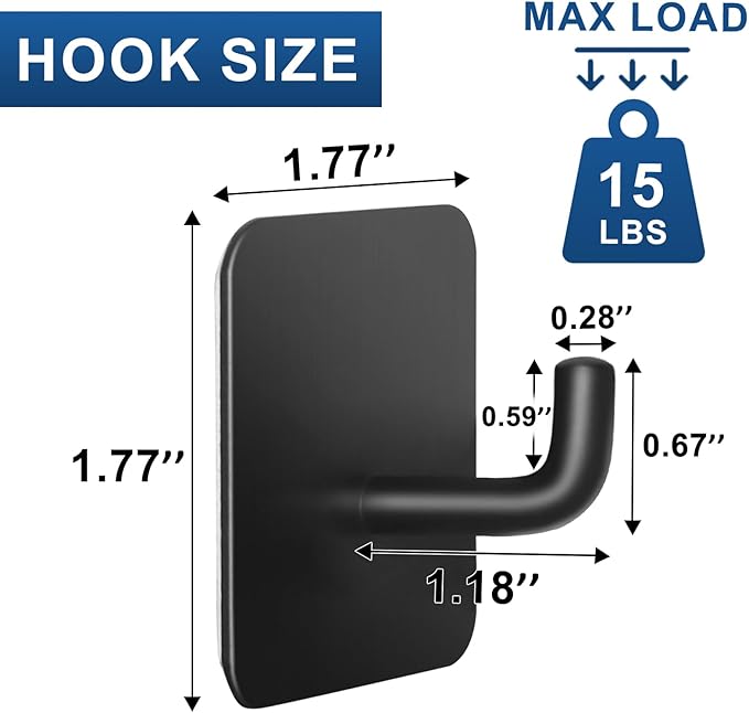 Adhesive Hooks for Bathrooms, 4 Piece Towel Hooks for Hanging Hat Robe Coat, Stick on Hooks for Kitchens, Strong Self-Adhesive No Damage Waterproof Stainless Steel Sticky Hook (Black)