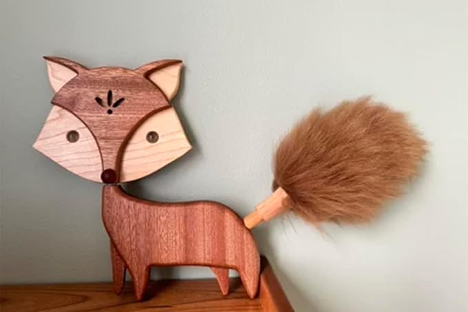 Cute Little Fox for Home Office Decor Small Wooden Feather Duster Lambswool Dusters for Cleaning with Decoration Unique House Warming Gifts New Home (Wall Mounted)