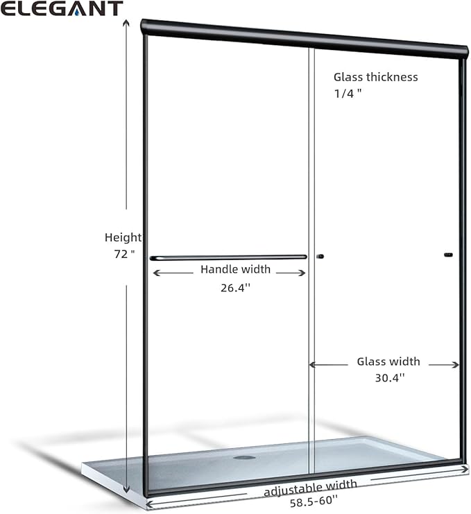 ELEGANT Semi-Frameless Sliding Shower Door 60 in. W x 72 in. H, Bathroom Sliding Door with 1/4'' Clear Glass, Black Hardware Double Sliding Glass Shower Enclosure