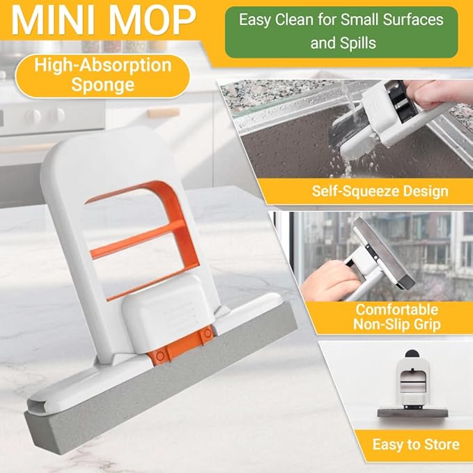 2 Pcs Mini Mop for Small Spaces, Foldable Self-Squeeze Wet and Dry Sponge Mop, Orange Portable Cleaning Small Mop for Desktop, Kitchen Counter, Bathroom Tile, Glass-with 6 Pads ,2 Brushes, and 2Hooks