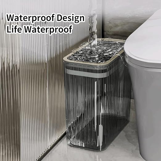 Bathroom Trash Can with Lid3.5 Gallon Garbage Can，for Bedroom, Office, Plastic Slim Waste Basket with Press Top Lid, 15l Clear Trash Bin for Home Slim Trash Bin Clear, Kitchen(Gray)