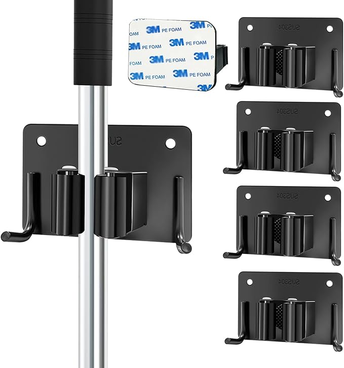 Mop and Broom Holder Wall Mount Stainless Steel 304 Tool Garage Organization Rack Screw and Self Adhesive Broom Hanger Heavy Duty 4pcs (Double Hooks Big Size，4pcs Black), TBJ001