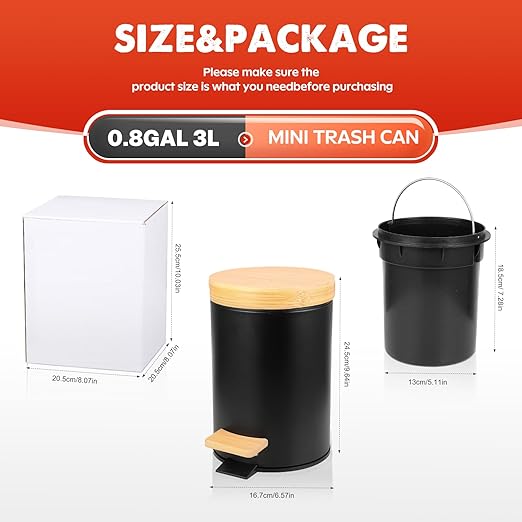 Small Bathroom Trash Can with Natural Bamboo Lid Soft Close，3 Liter / 0.8 GallonStainless Steel Garbage Can with Removable Inner Bucket andStep Pedal（Black）