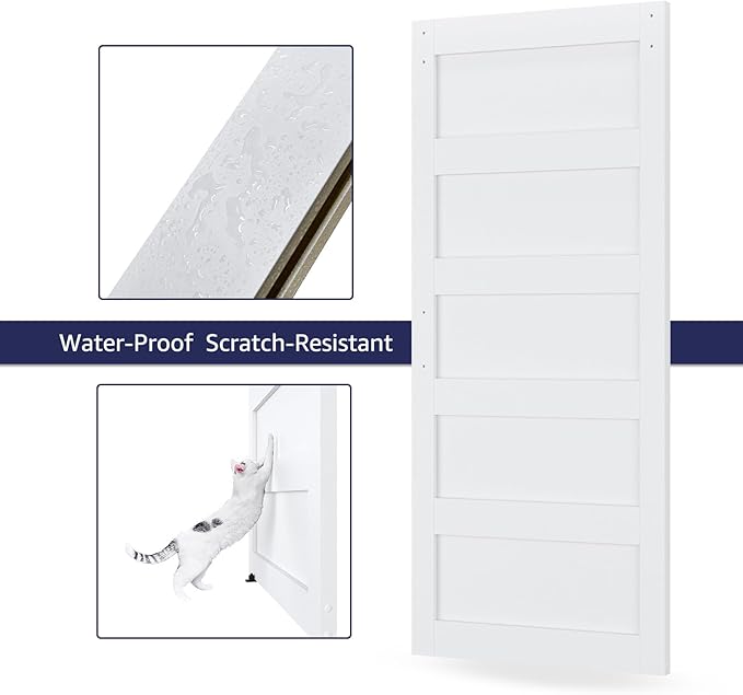 36in x 84in Sliding Barn Door with 6.6ft Barn Door Hardware Kit & Handle, Pre-Drilled Holes Easy Assembly -Solid Barn Door Slab Covered with Water-Proof PVC Surface, White, 5 Panel