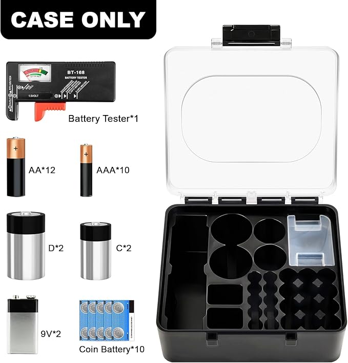 FULLCASE Plastic Battery Organizer with Tester, Battery Storage Case for AA AAA C D 9V Batteries, Portable Battery Holder Box for Home, Travel & Emergency Kits(Case Only) Black