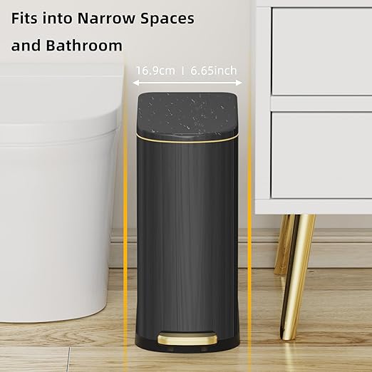 2.6 Gallon Slim Bathroom Trash Can with Soft-Close Foot Pedal, 10L Stainless Steel Garbage Can with Removable Liner Bucket, for Narrow Spaces,Bathroom, Bedroom (Titanium Black)