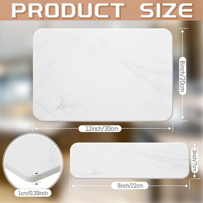 4 Pcs Absorbent Diatomaceous Dish Drying Mat Set White Non Slip 12x8in ＆ 9x3in Drying Mat Heat Resistant Small Size Hard Draining Instant Dish Pad for Rack Kitchen Counter Bathroom Sink