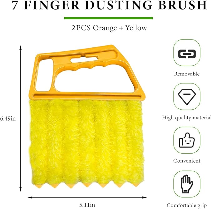 2 PCS Blind Cleaner Duster Tool, Window Venetian Hand-held 7 Finger Dusting Cleaner Brush, Blinds Cleaning Brush Tool for Window Shutters Air Conditioner, Car Accessories (Orange+Yellow)