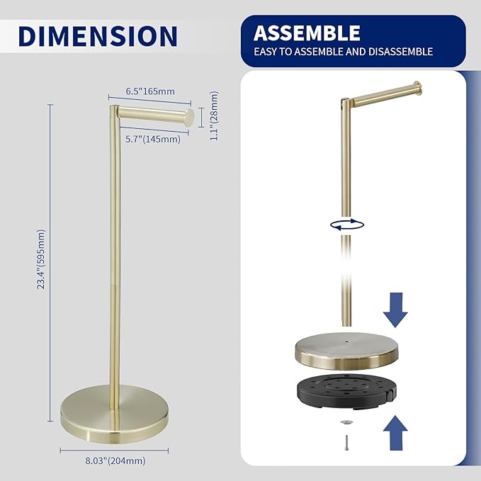 BWE Brushed Gold Toilet Paper Holder Stand Modern Tissue Roll Holder Storage for 4 Rolls of Paper, Stainless Steel Free Standing Toilet Paper Holder Bathroom Accessories with Weighted Base