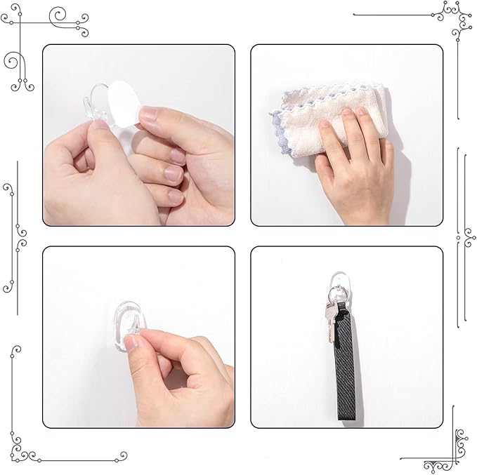 Queekay 30 Pieces Clear Adhesive Wall Hooks for Hanging, Transparent Reusable Seamless Hooks Small Acrylic Sticky Hangers with Non Marking Sticker for Kitchen Bathroom Bedroom Office