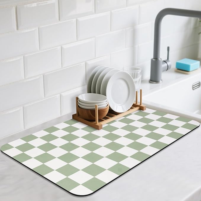 Checkered Dish Drying Mat for Kitchen Counter, Absorbent Non-Slip Coffee Mat, Heat Resistant Mat for Countertops Coffee Bar Decor 12" x 20" Green
