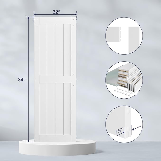 SmartStandard 32 x 84 inch White Sliding MDF Barn Door with 6FT Black Sliding Door Hardware Kit & Handle, Pre-Drilled Ready to Assemble, Waterproof PVC Coating, H-Frame