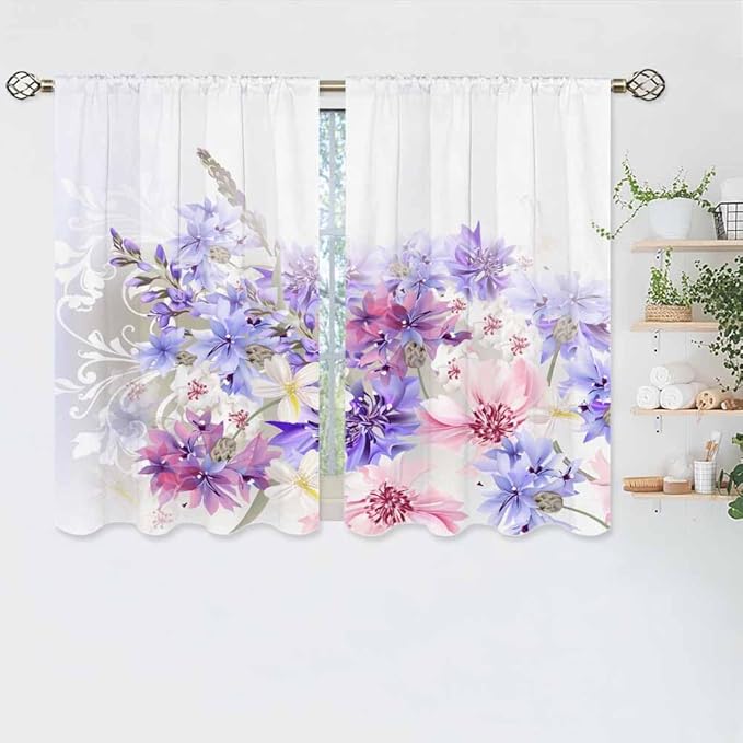 Lavender Kitchen Curtains Pastel Cornflowers Colorful Floral Short Tier Curtains for Bathroom Cafe Small Window Drapes Treatment 2 Panels (27.5x39 Inch)