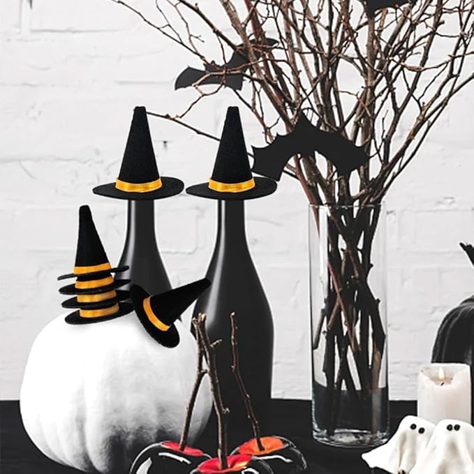 Mini Witch Hats and Mini Broom for Halloween Decorations Wizard Accessory for Party DIY Crafts Accessories (Black)