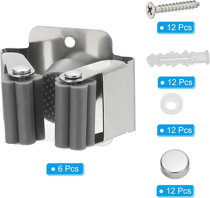 PATIKIL Broom and Mop Holder, 6 Pack Wall Mounted Stainless Steel Mop Hanger Heavy Garden Tool Organizer Rack Hanging Clips with Screws for Home Garage, Grey