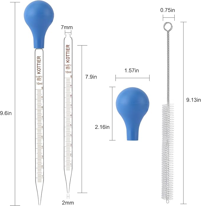 10ml Glass Pipettes Dropper, Lab Graduated Dropper for Liquid Essential Oil, Glass Transfer Pipette with Rubber Bulb and Cleaning Brush (2 pieces)