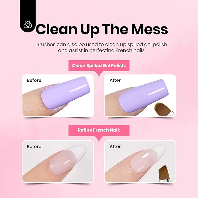 Beetles Nail Art Brushes, 6 Pcs Fingernail Art Design Pens, Pink Handle French Tip Ombre Clean Up Nail Brush Set for Gel Polish with Palette DIY Manicure Tools Gift for Women