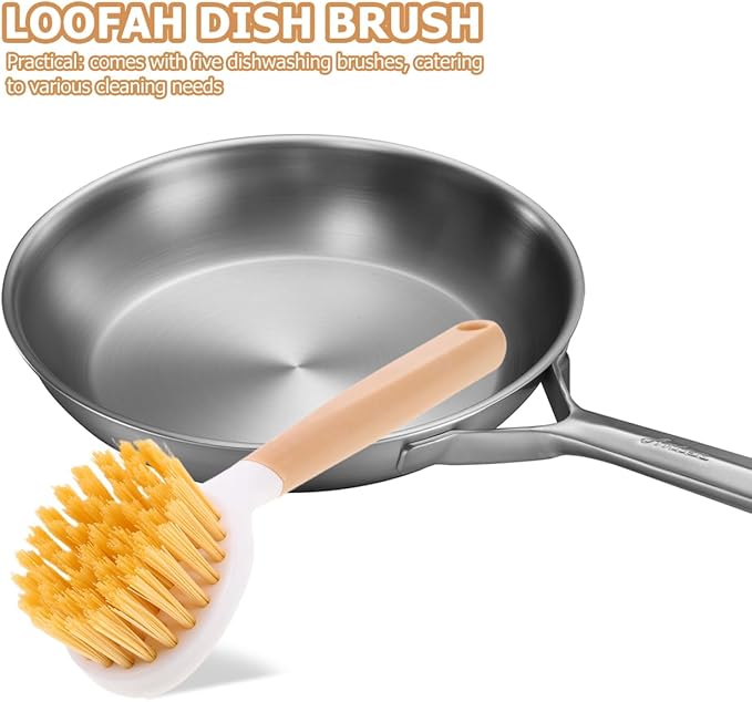 Cabilock Kitchen Dish Brush with Handle, Heavy Duty Stiff Scrub Brush for Cleaning Pans, Wok, Pots and Sink, Non-Scratch Dishwashing Scrubber with Scraper for Household Kitchen Utensil Supply