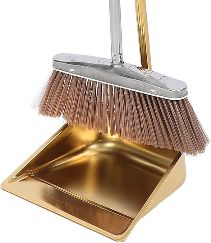 MERRYHAPY Gold Dustpan and Broom Set Stainless Steel Heavy Duty Cleaning Tools for Indoor and Outdoor Use with Ergonomic Handles 35.43 Inch Length