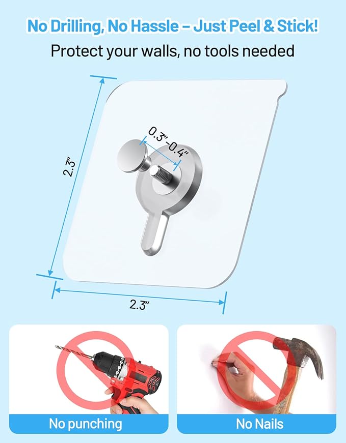 16 Pcs Picture Hangers Without Nails, 20 Ibs Load Heavy Duty Self Adhesive Wall Hooks for Hanging, Waterproof Adhesive Picture Hooks for Bathroom Kitchen, Transparent Sticky Hooks for Frames