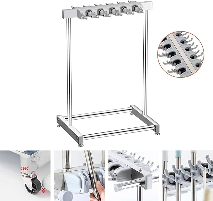 2. Removable Metal Broom Rack with Hooks Corrosion-Resistant Mop for Small Spaces Home Garage Storage Cleaning Tool Rack