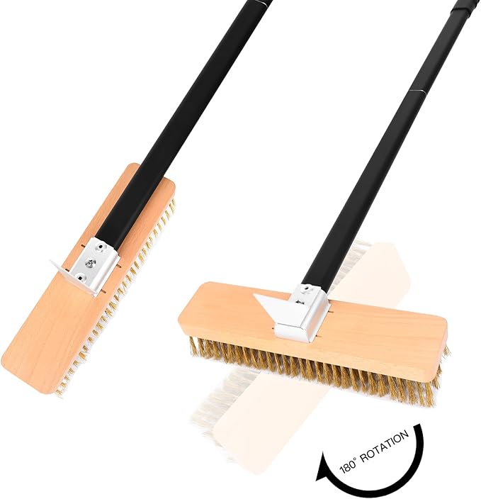 Large Pizza Oven Brush with Scraper, 10.7" Length Brass Bristles Grill Brush with 37 or 52.8 Inch Long Handle, Backyard Pizza Oven Accessories