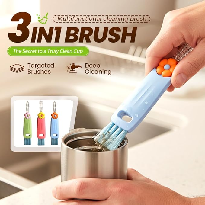 3PCS 3 in 1 Cup Lid Cleaning Brush and 2PCS Silicone Straw Cleaner Brush for Bottle, Multifunctional Crevice Portable Cup Lid Cleaning Brushes, Flexible Straws Cleaning Brush Set for Water Bottles