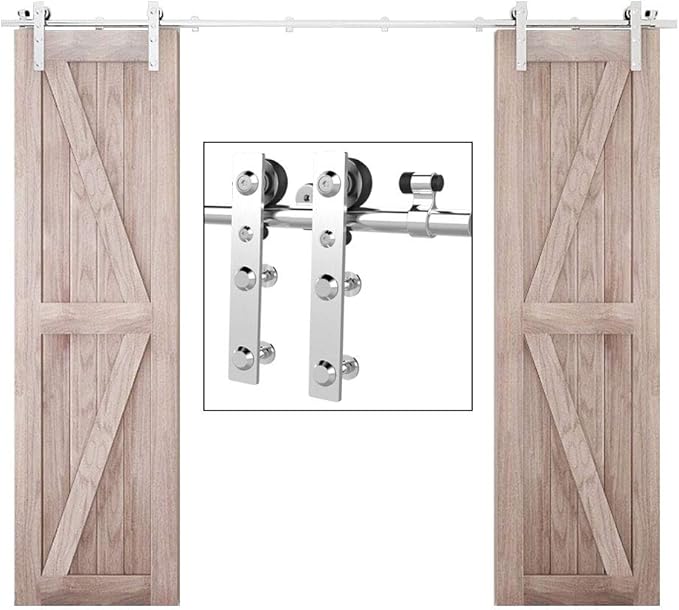 TSMST 10.5FT Sliding Barn Door Hardware Kit, Stainless Steel Heavy Duty Sturdy Barn Door Track for Double Wood Door, Slide Smoothly Quietly (L Style)