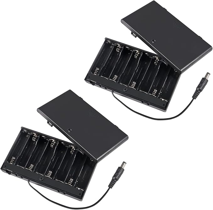 2Pcs 8 Slots AA Battery Holder Case Box 8 x 12V Battery Storage Box Battery Container Case with DC 5.5x2.1mm Male Connector and Cover ON/Off Switch